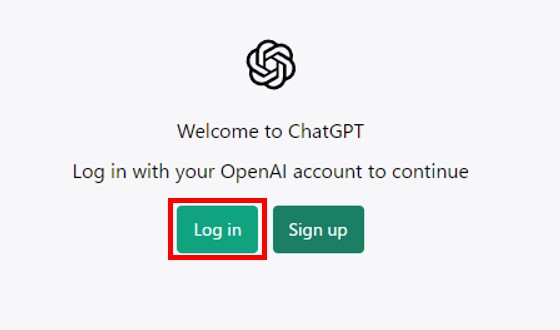 ChatGPTのログイン/新規登録選択画面Log inクリック