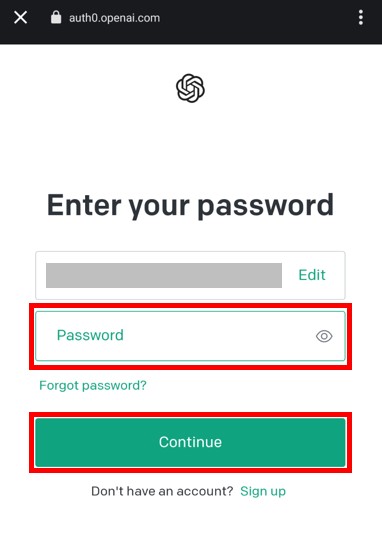 ChatGPTログイン画面でパスワードを入力して、「Continue」ボタンをタップする